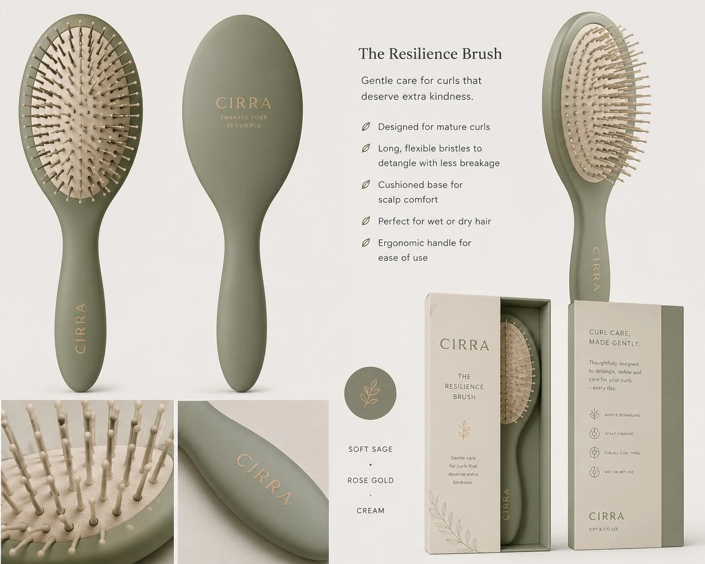 Concept board for the sage green CIRRA Resilience Brush