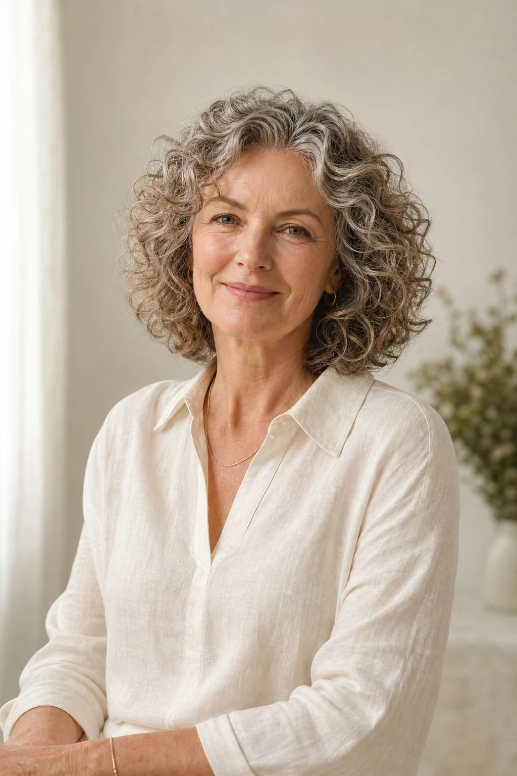 An elegant mature woman with naturally curly silver-brown hair
