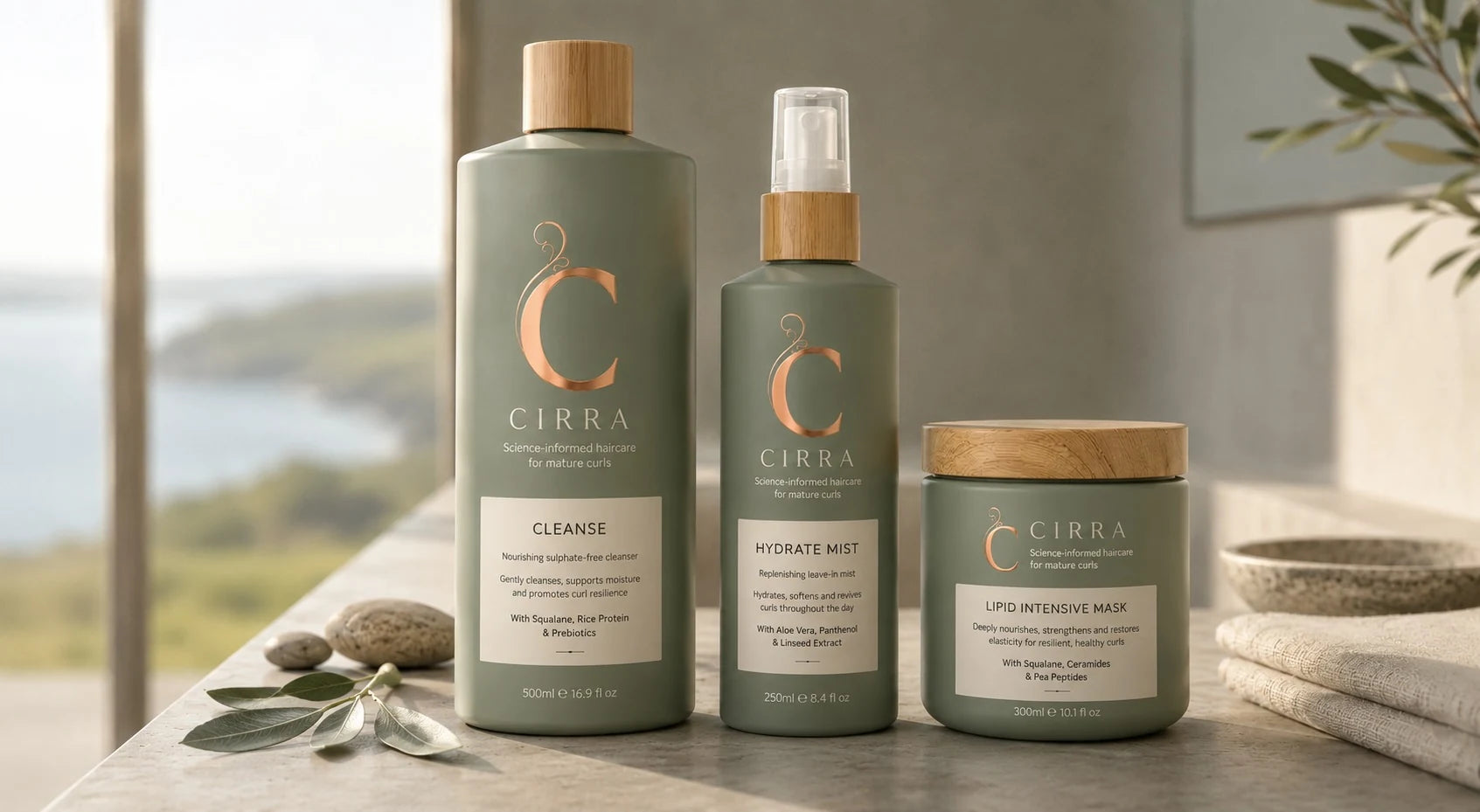 Concept image of future CIRRA cleanser, hydrating mist and intensive mask in sage packaging