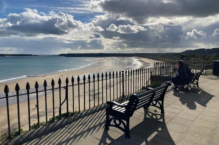 Benches overlooking South Beach from the Esplanade in Tenby