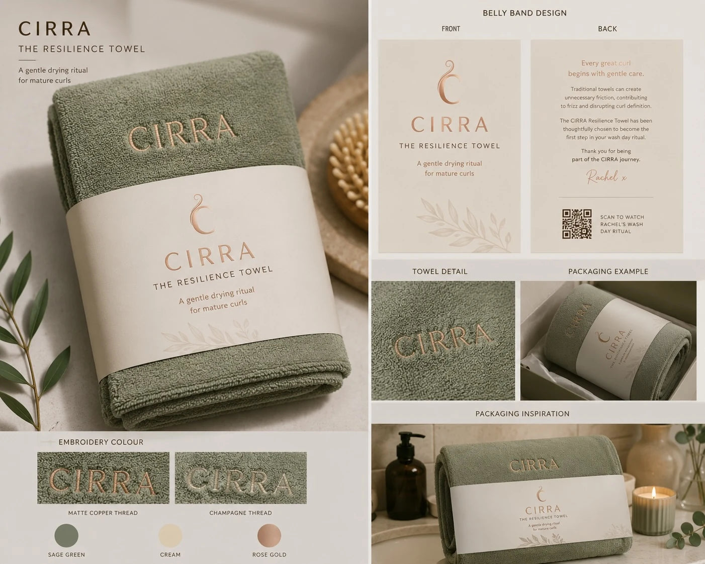 CIRRA Resilience Towel concept board showing the sage towel, cream belly band and rose-gold embroidery